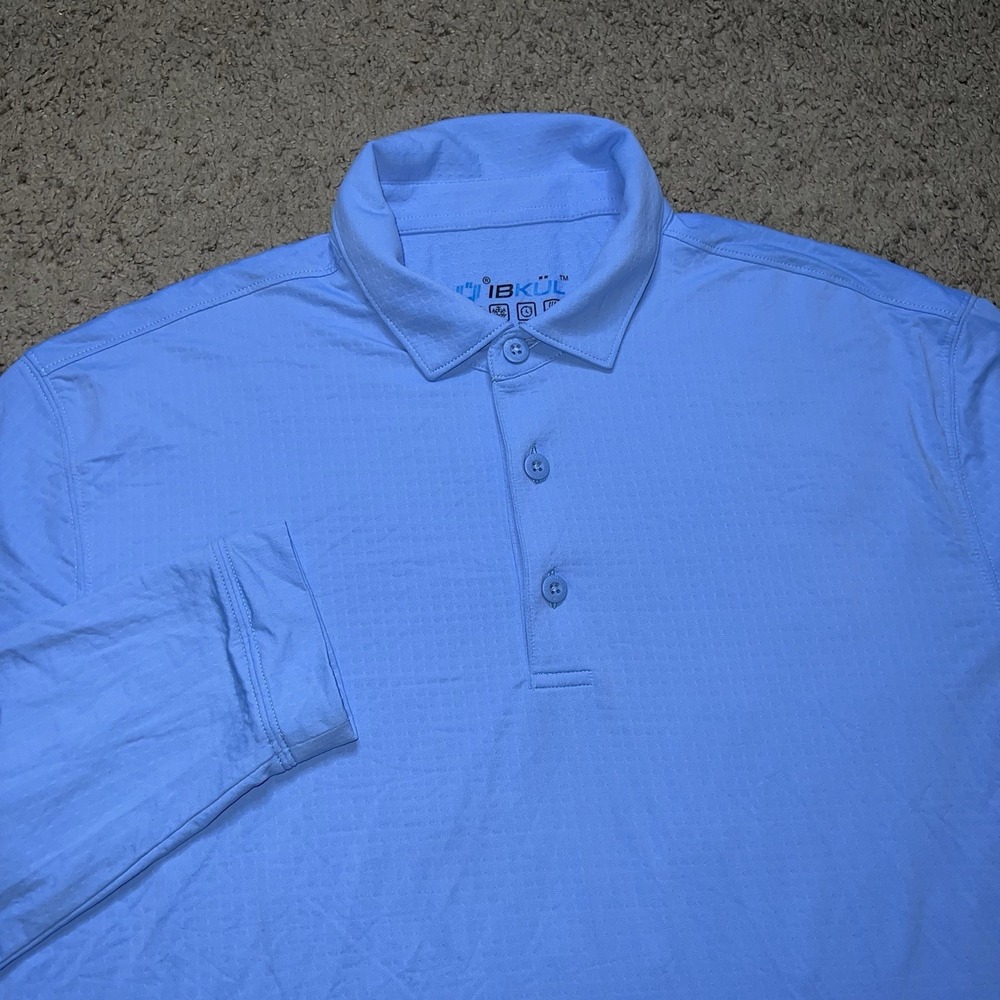 IBKUL Performance Golf Polo Shirt Mens L Blue Long Sleeve Stretch UPF 50+
